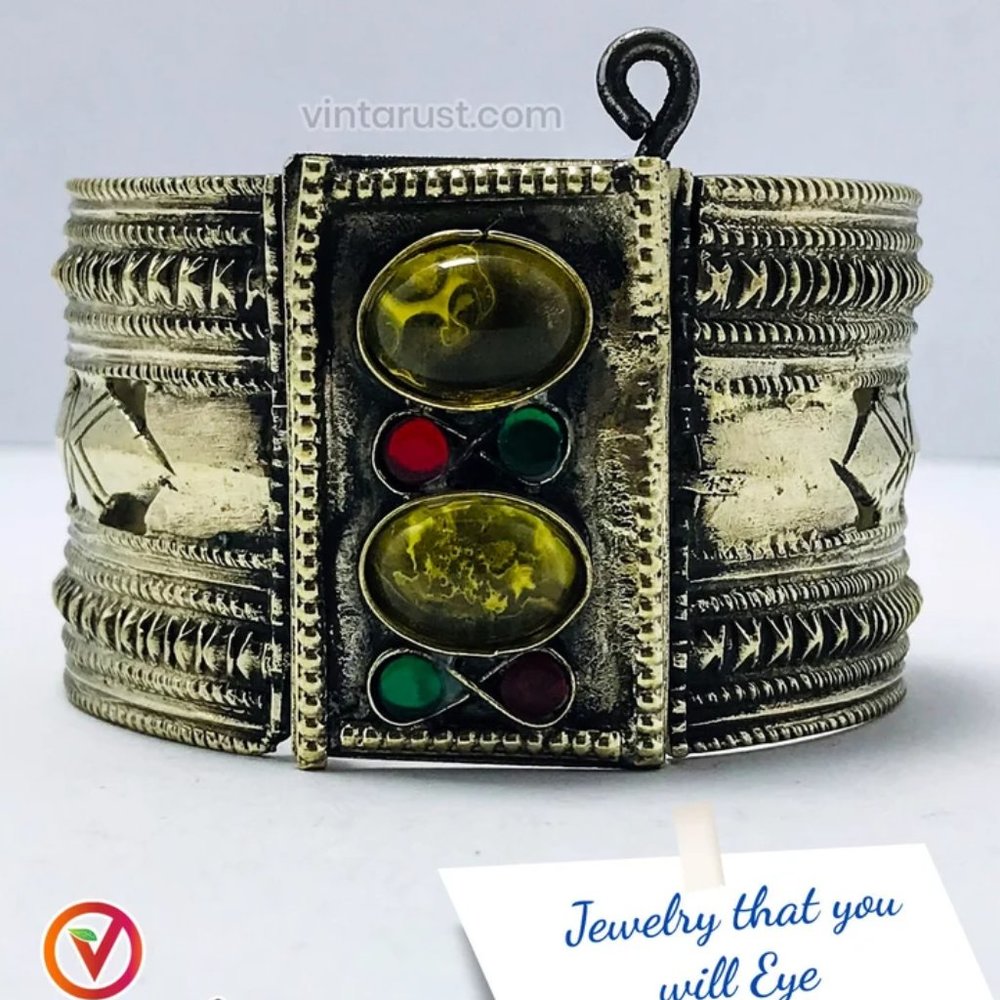 Single Vintage Kuchi Cuff Bracelet With Yellow Glass Stones, Gypsy Cuff